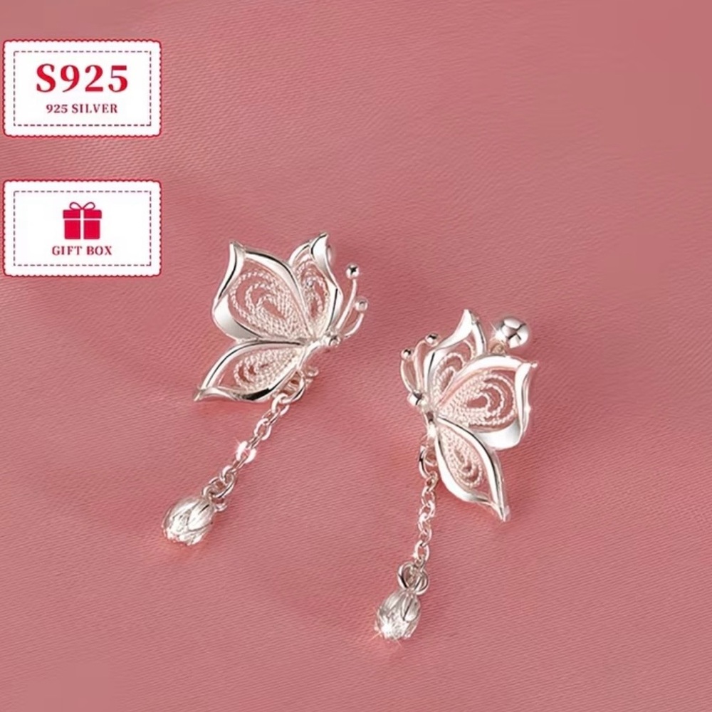 Elegant Sterling Silver Butterfly Dangle Earrings
